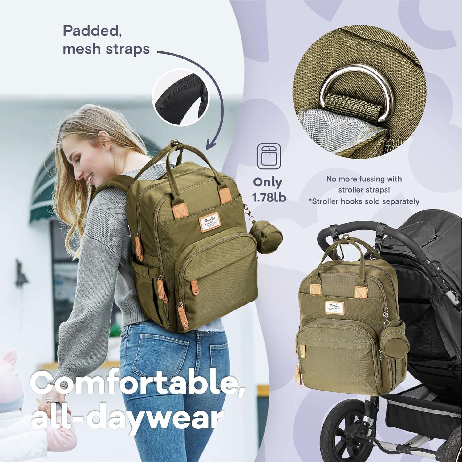 "Multifunction Waterproof Diaper Bag Backpack with Changing Pad & Stroller D-Ring" Unisex