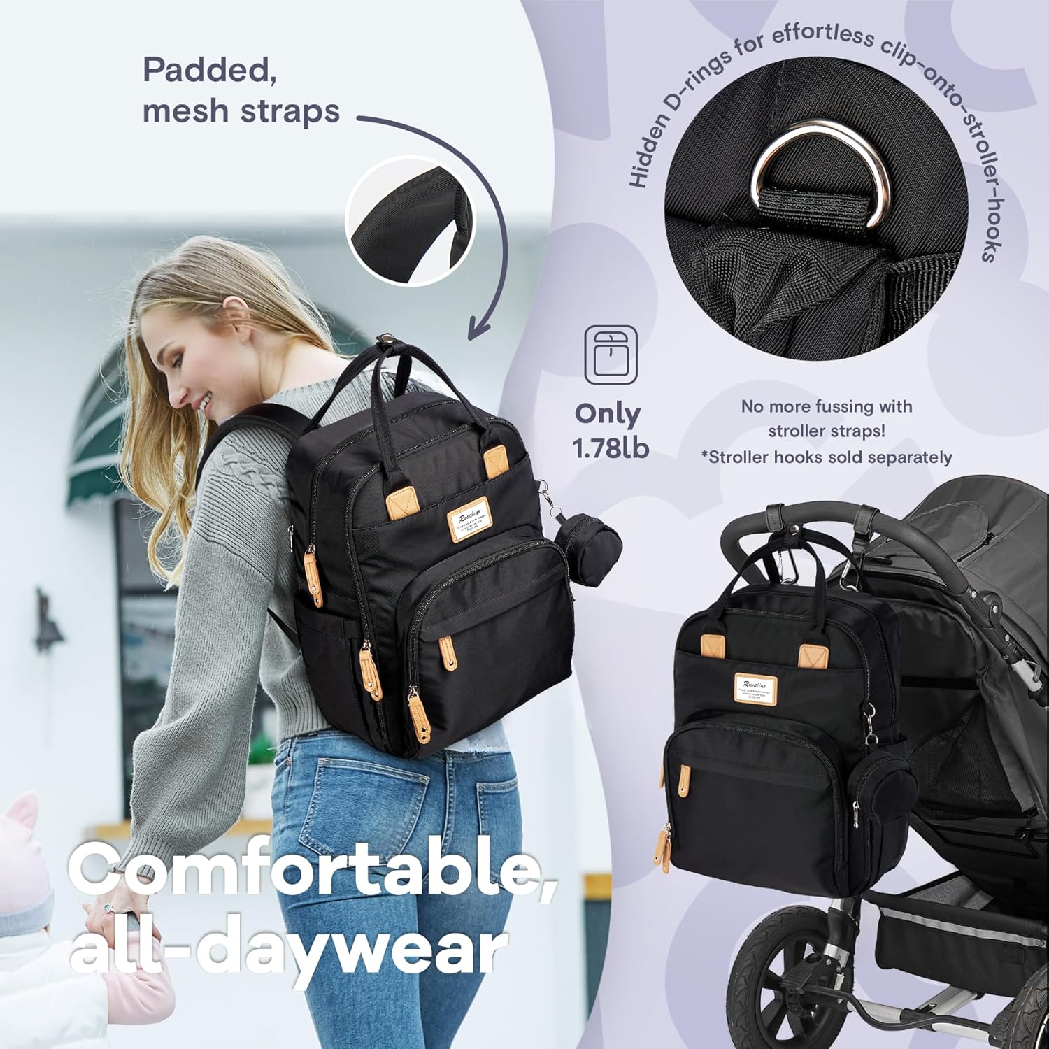 "Multifunction Waterproof Diaper Bag Backpack with Changing Pad & Stroller D-Ring" Unisex