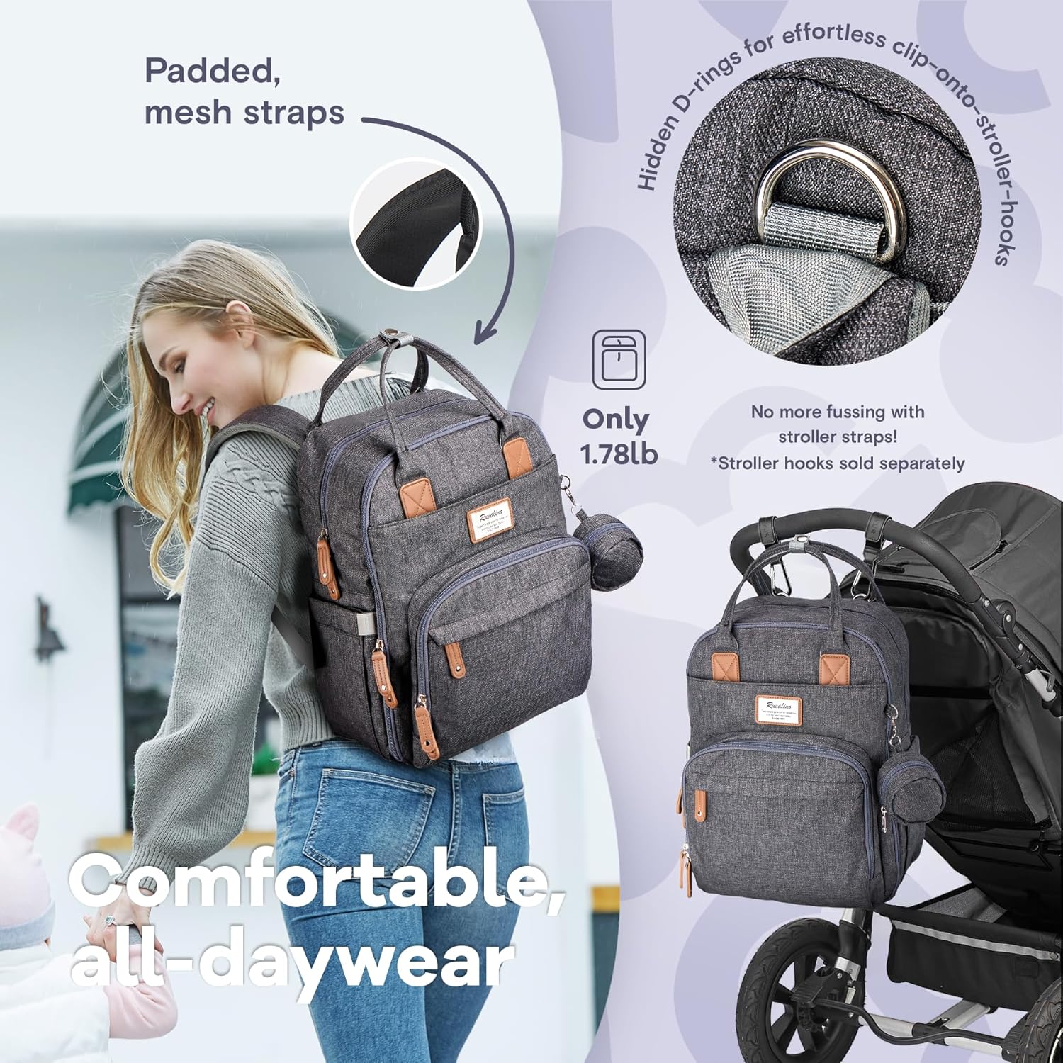 "Multifunction Waterproof Diaper Bag Backpack with Changing Pad & Stroller D-Ring" Unisex