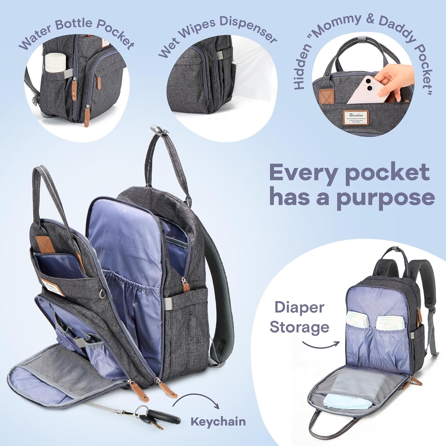 "Multifunction Waterproof Diaper Bag Backpack with Changing Pad & Stroller D-Ring" Unisex