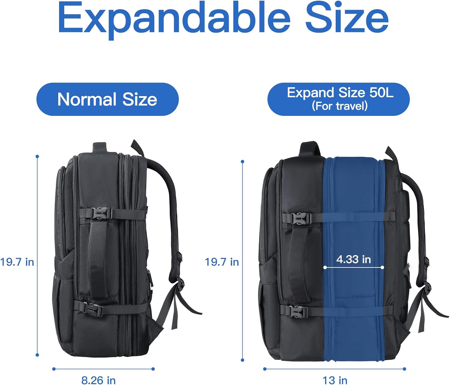 50L Expandable Travel Backpack Anti Theft Carry On Unisex Fits 17