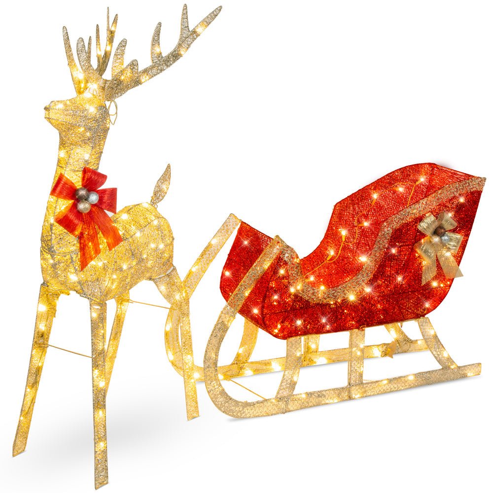 Lighted Christmas Reindeer & Sleigh Outdoor Decor Set w/ LED Lights - Saiyora&Zubaid