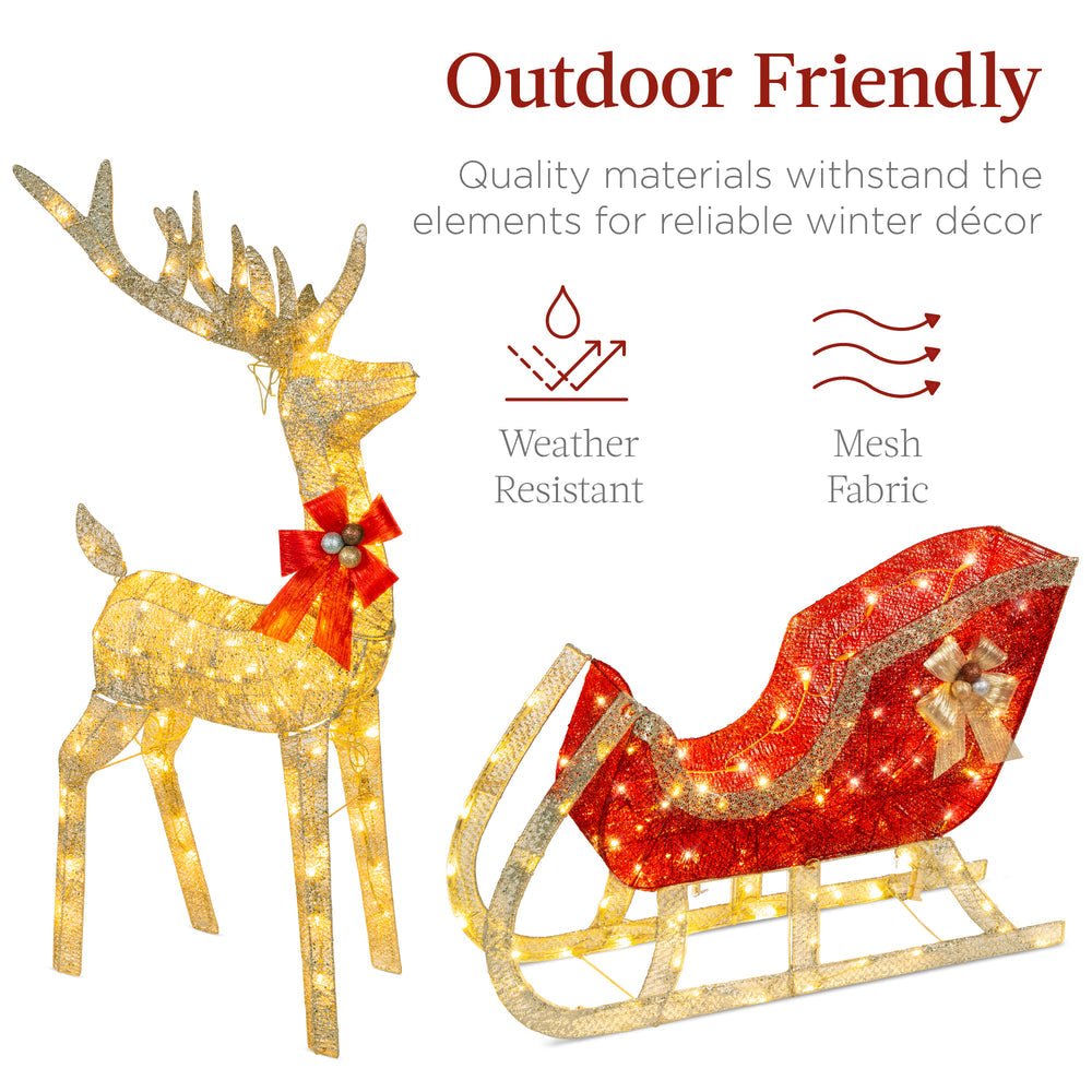 Lighted Christmas Reindeer & Sleigh Outdoor Decor Set w/ LED Lights - Saiyora&Zubaid