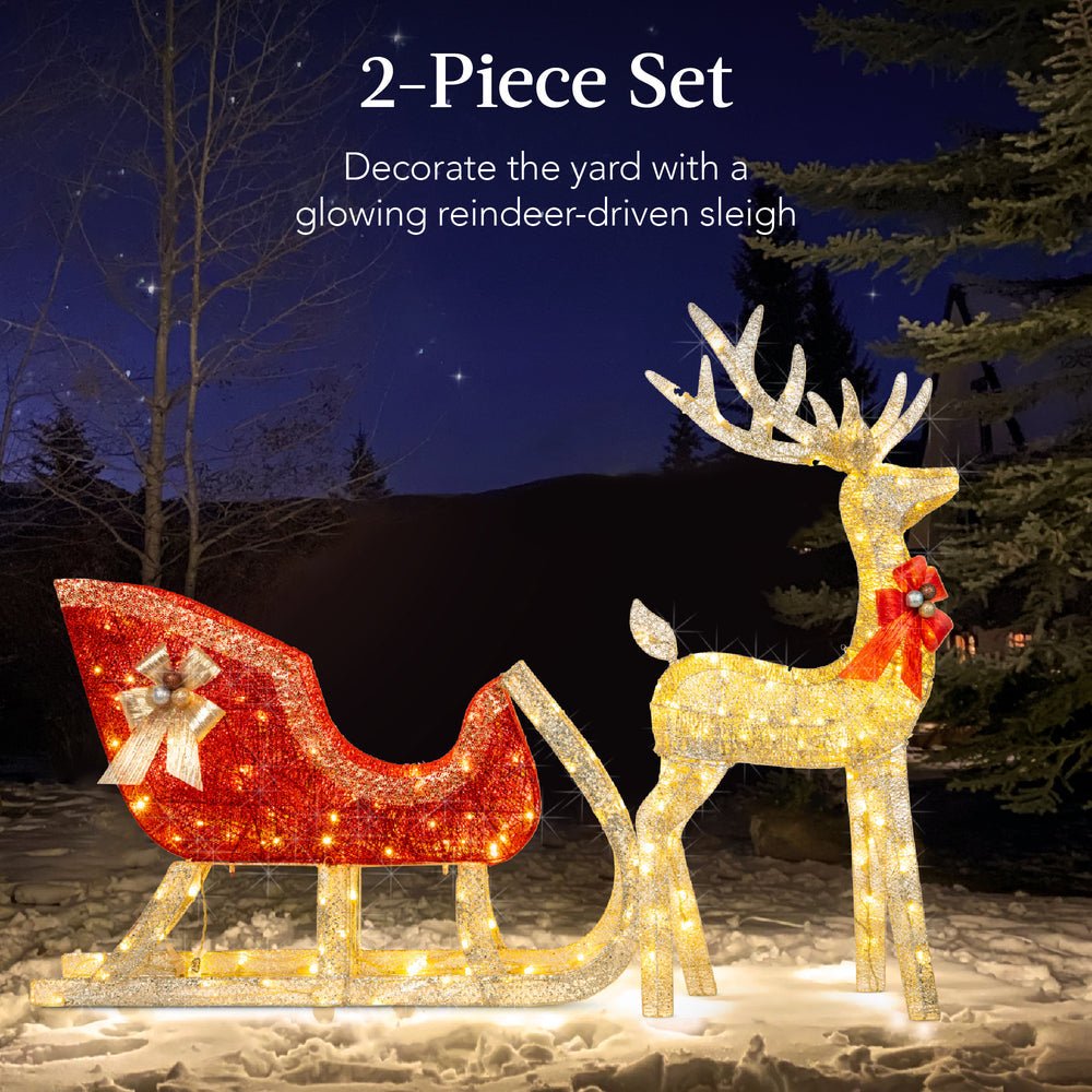 Lighted Christmas Reindeer & Sleigh Outdoor Decor Set w/ LED Lights - Saiyora&Zubaid