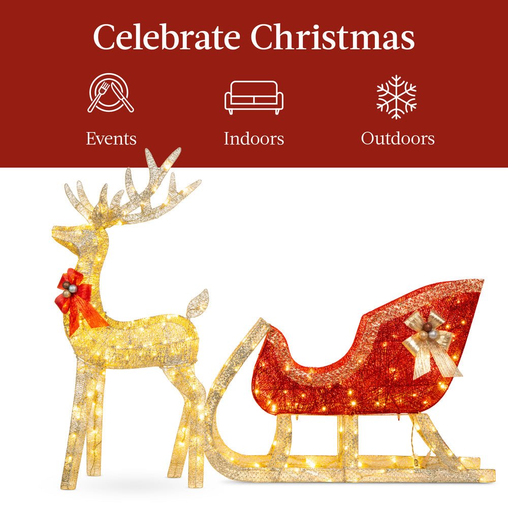 Lighted Christmas Reindeer & Sleigh Outdoor Decor Set w/ LED Lights - Saiyora&Zubaid