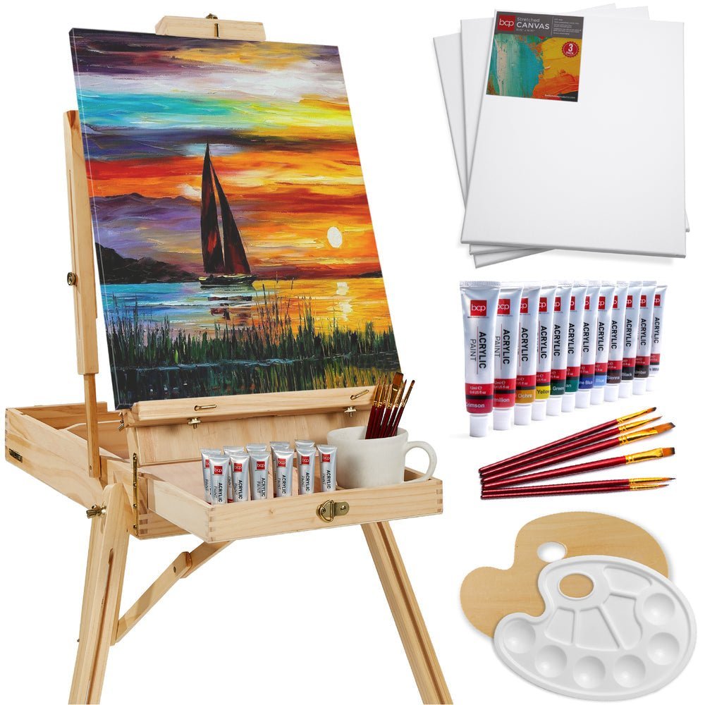 Portable Wooden French Easel w/ 32pc Beginners Kit - Saiyora&Zubaid