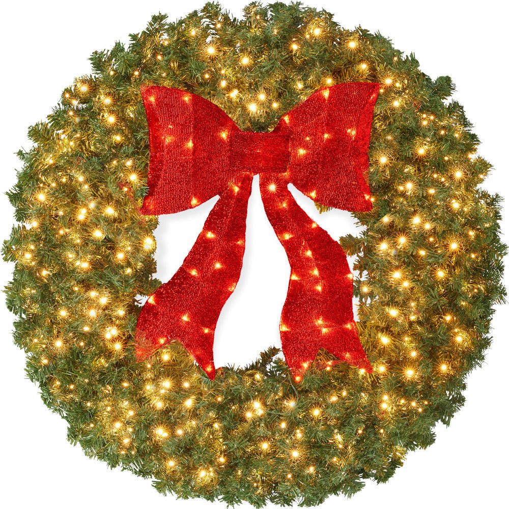 Pre - Lit Artificial Fir Christmas Wreath w/ Red Bow, LED Lights - Saiyora&Zubaid