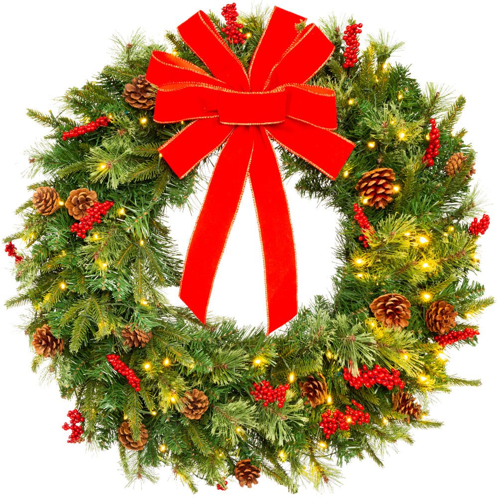 Pre - Lit Battery Powered Christmas Wreath w/ Lights, PVC Tips, Ribbon - Saiyora&Zubaid