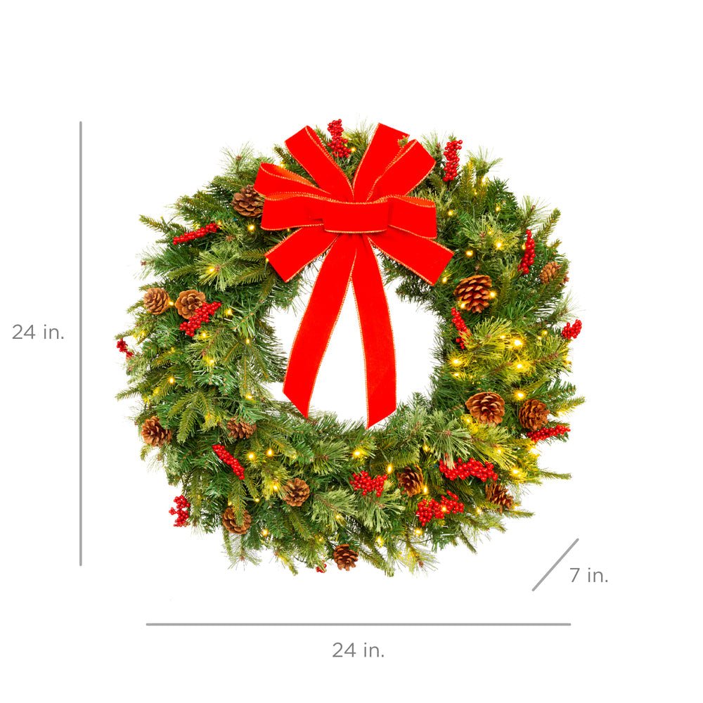 Pre - Lit Battery Powered Christmas Wreath w/ Lights, PVC Tips, Ribbon - Saiyora&Zubaid