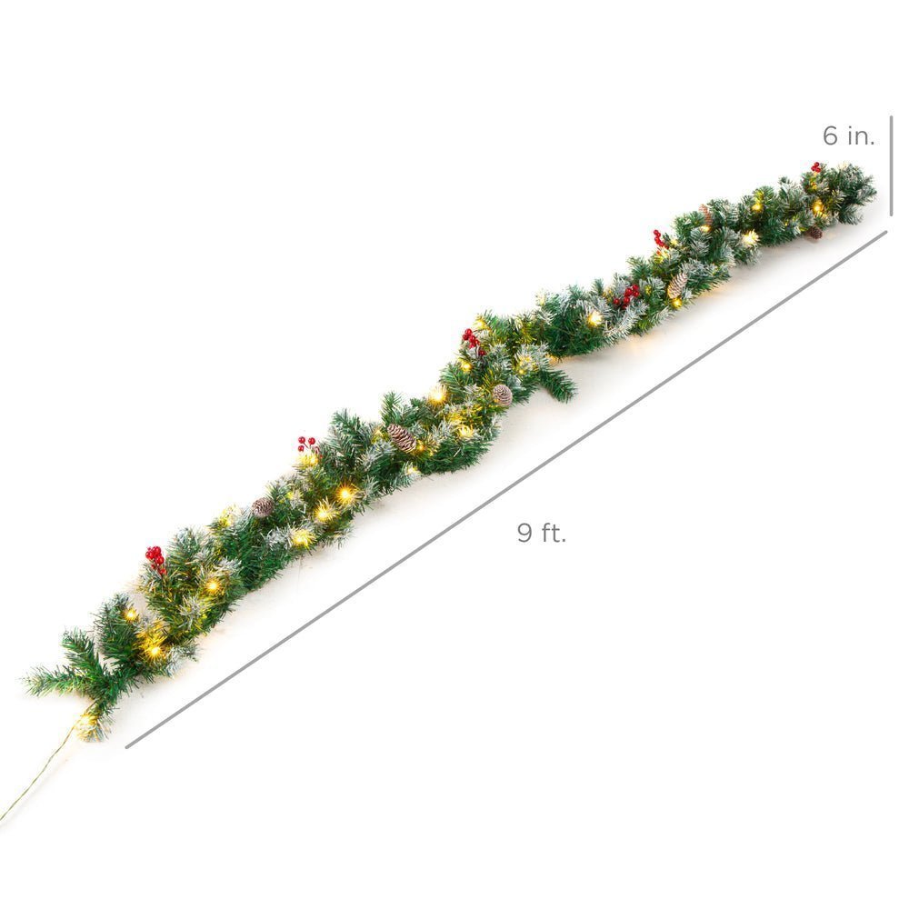 Pre - Lit Pre - Decorated Garland w/ PVC Branch Tips, 50 Lights - 9ft - Saiyora&Zubaid