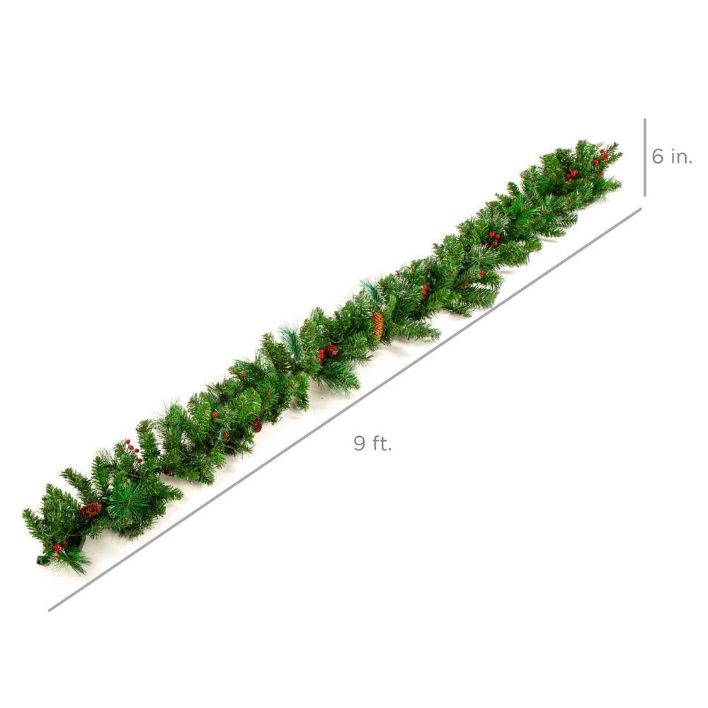 Pre - Lit Pre - Decorated Garland w/ PVC Branch Tips, 50 Lights - 9ft - Saiyora&Zubaid