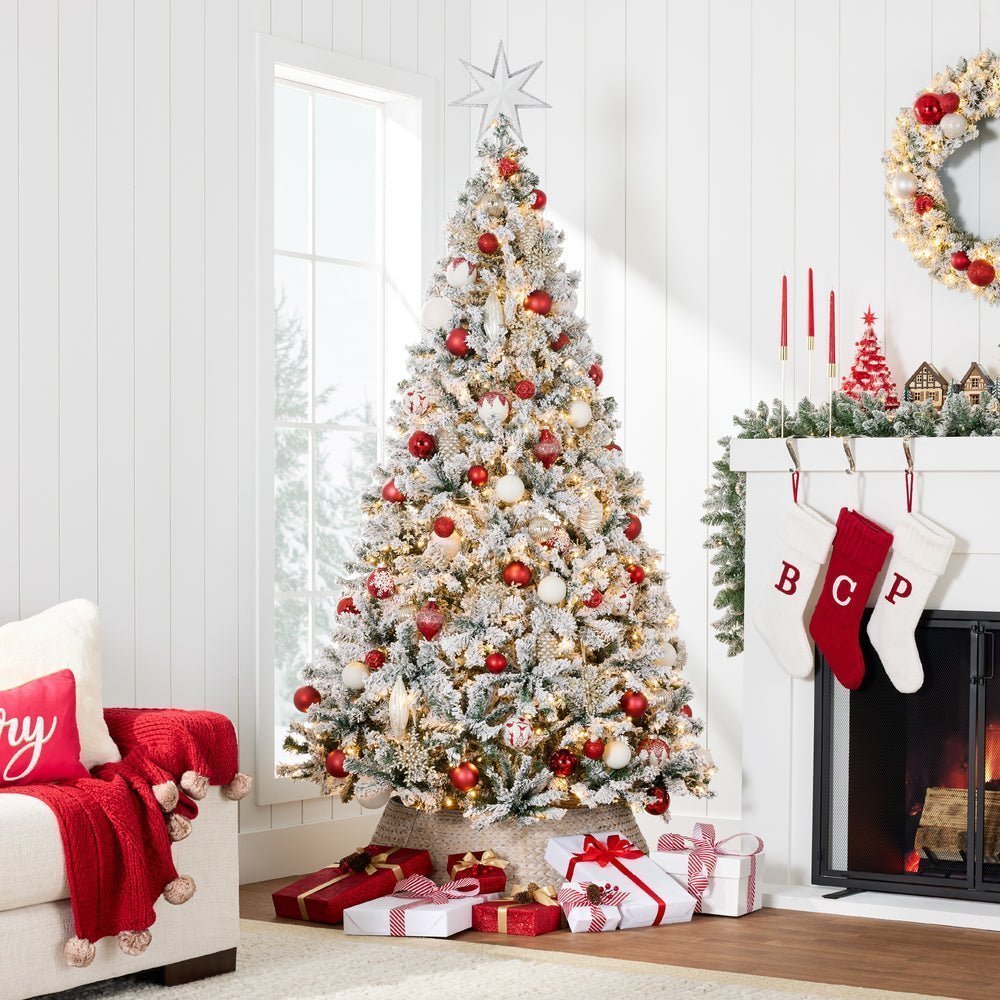 Pre - Lit Snow Flocked Artificial Pine Christmas Tree w/ Warm White Lights - Saiyora&Zubaid