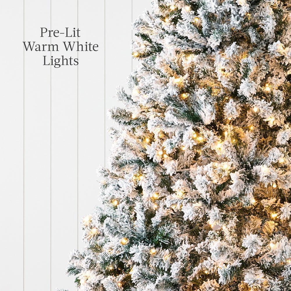 Pre - Lit Snow Flocked Artificial Pine Christmas Tree w/ Warm White Lights - Saiyora&Zubaid