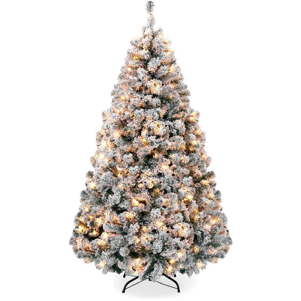 Pre - Lit Snow Flocked Artificial Pine Christmas Tree w/ Warm White Lights - Saiyora&Zubaid