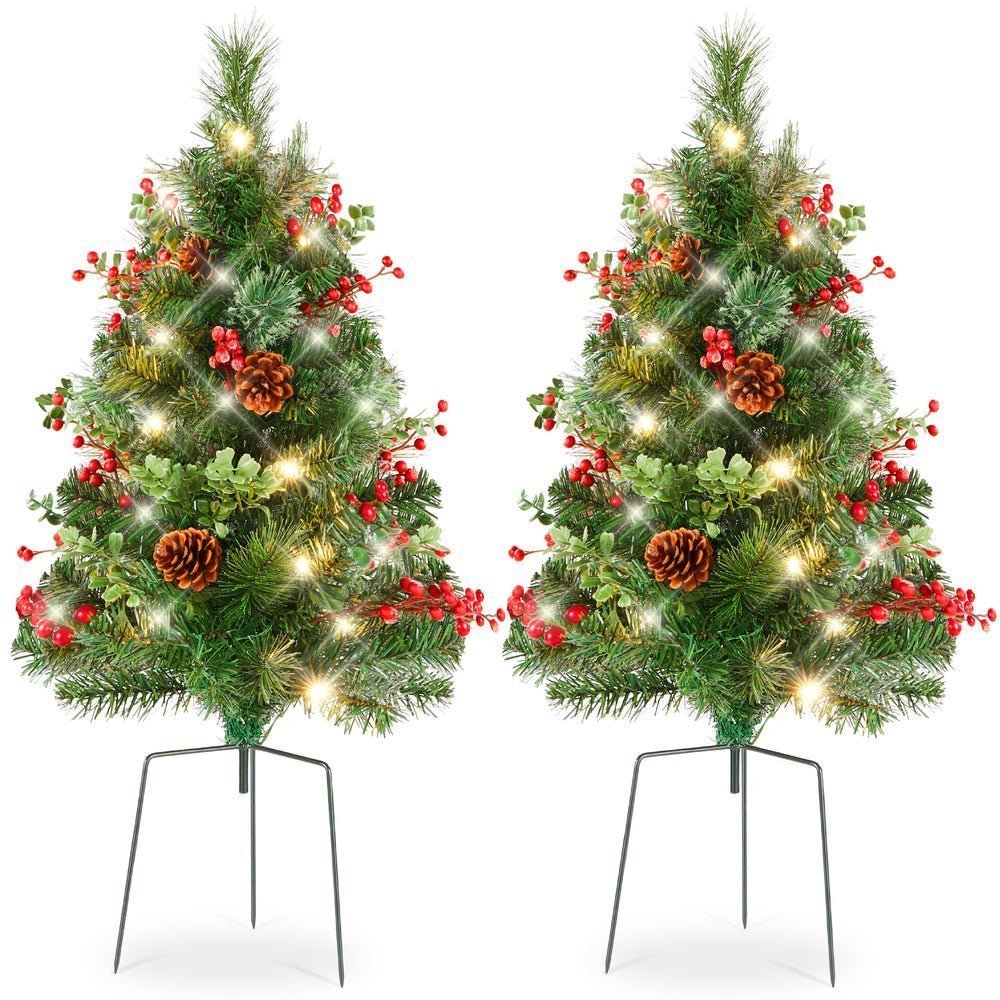 Set of 2 Pre - Lit Pathway Christmas Trees w/ Pine Cones, Timer - 24.5in - Saiyora&Zubaid