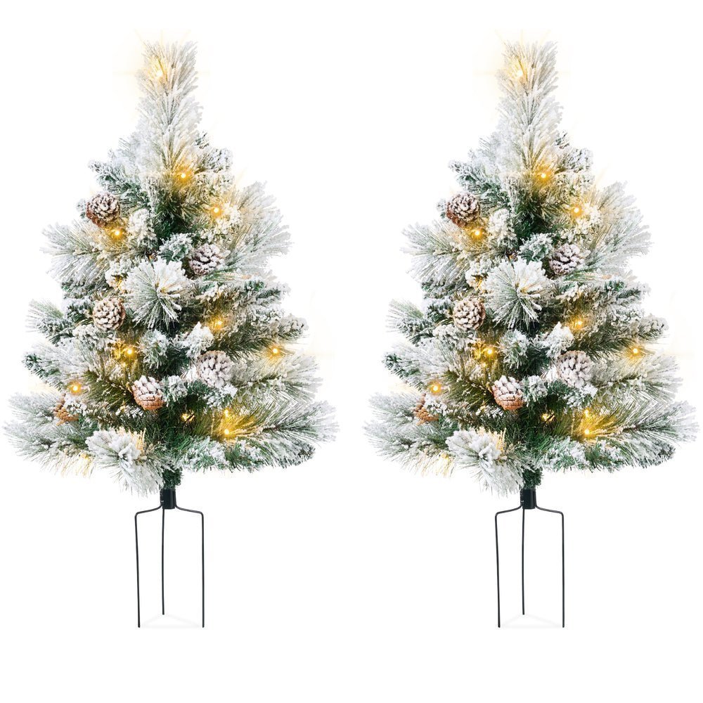 Set of 2 Pre - Lit Pathway Christmas Trees w/ Pine Cones, Timer - 24.5in - Saiyora&Zubaid