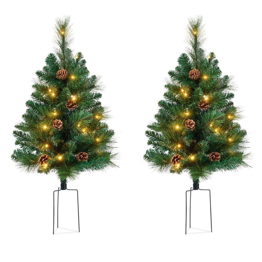 Set of 2 Pre - Lit Pathway Christmas Trees w/ Pine Cones, Timer - 24.5in - Saiyora&Zubaid