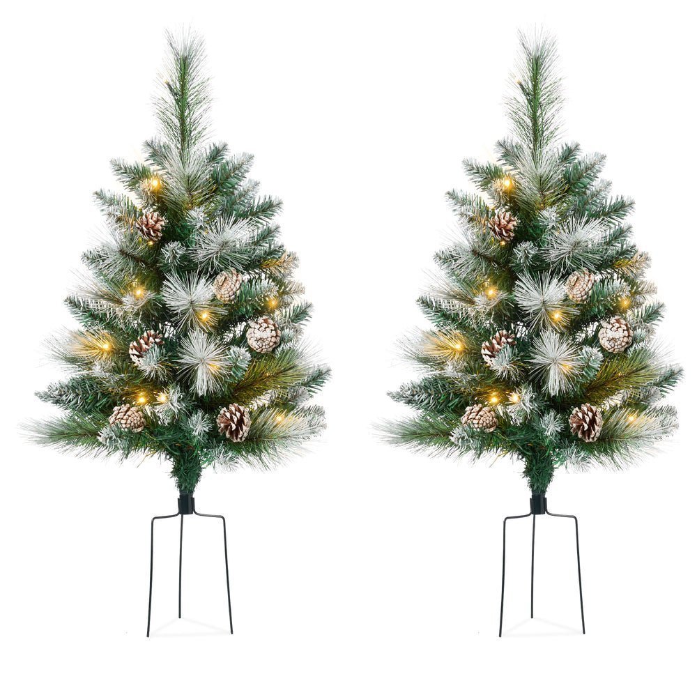 Set of 2 Pre - Lit Pathway Christmas Trees w/ Pine Cones, Timer - 24.5in - Saiyora&Zubaid