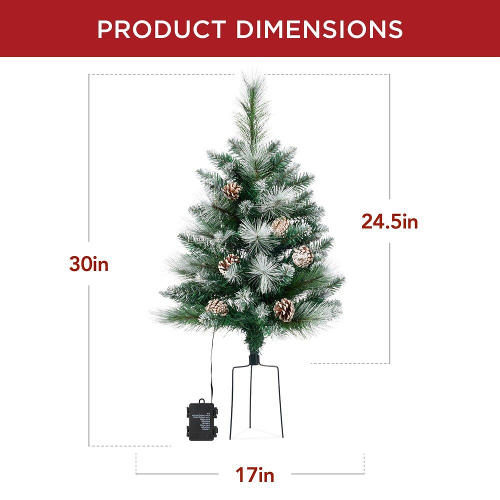 Set of 2 Pre - Lit Pathway Christmas Trees w/ Pine Cones, Timer - 24.5in - Saiyora&Zubaid