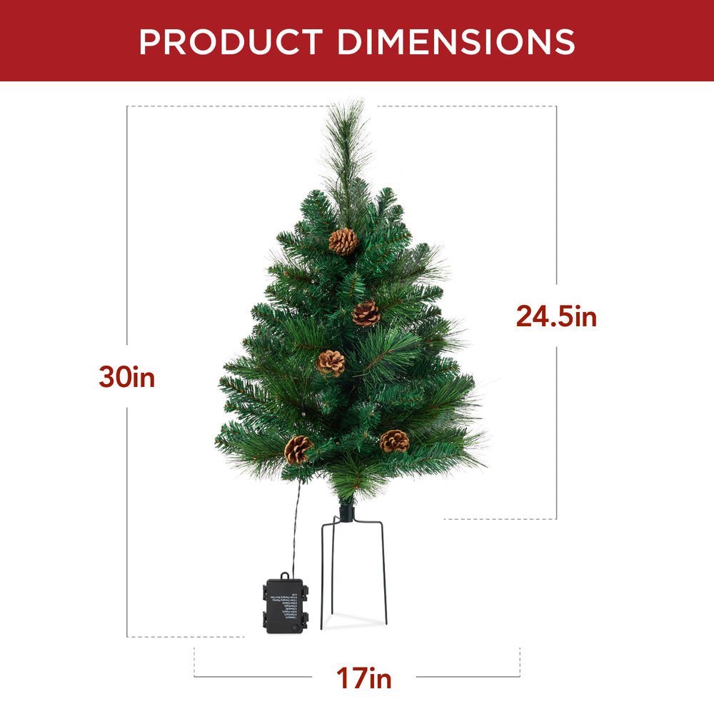 Set of 2 Pre - Lit Pathway Christmas Trees w/ Pine Cones, Timer - 24.5in - Saiyora&Zubaid