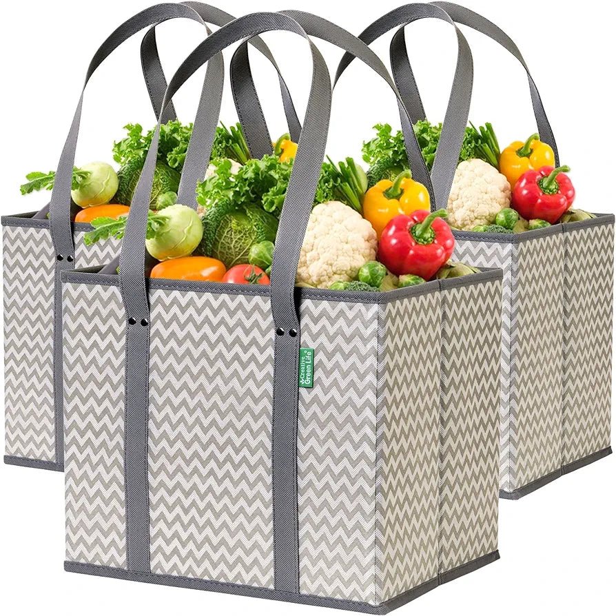 S&Z Creative Reusable Grocery Bags (3 Pack) – Heavy Duty Reusable Shopping Bags with Box Shape to Stand Up, Stay Open, Fold Flat – Large Tote Bags with Long Handles & Reinforced Bottom (Gray) - Saiyora&Zubaid