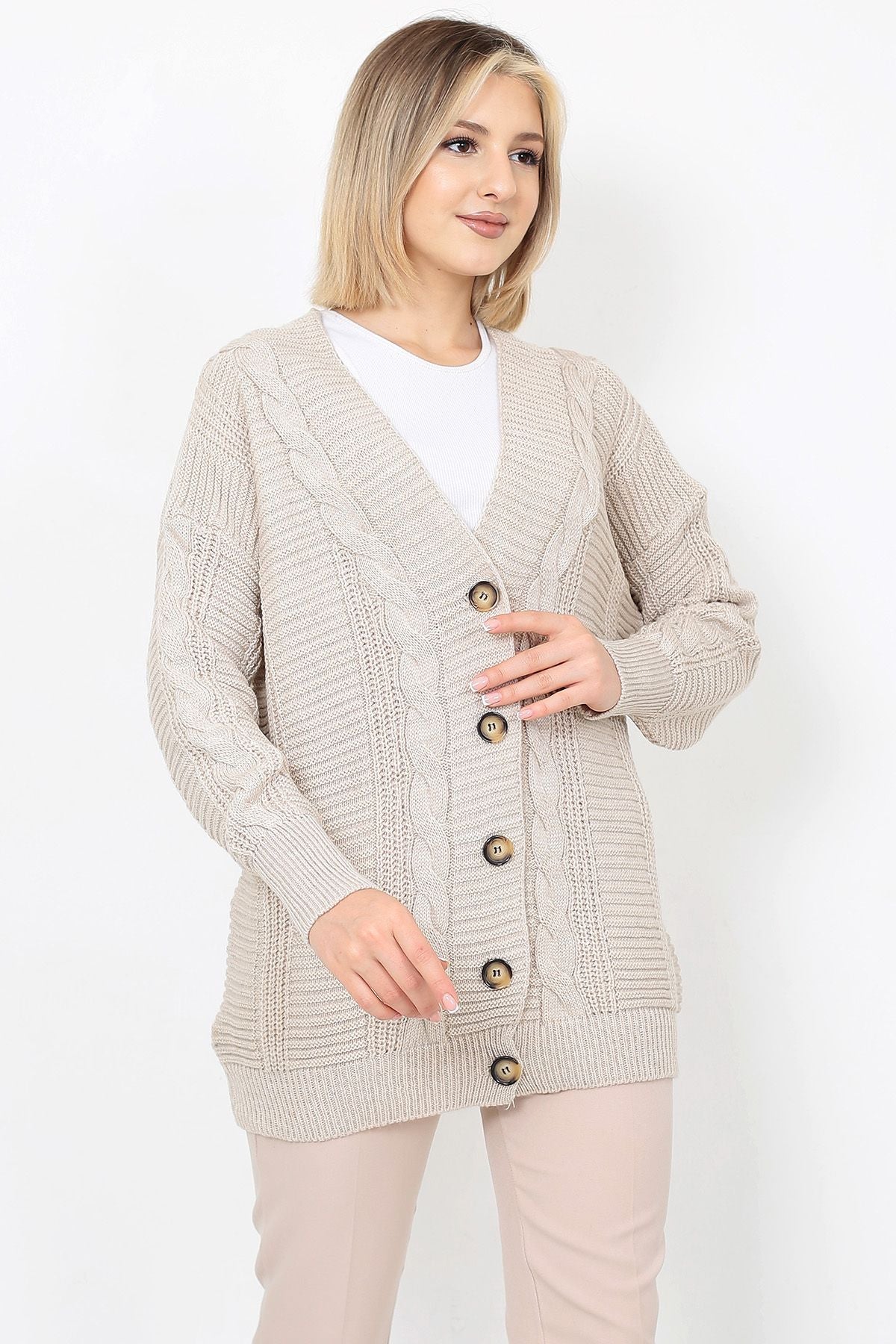 Women's Knitted Cardigan 5 Buttons Knitted Cardigan Stone - Saiyora&Zubaid