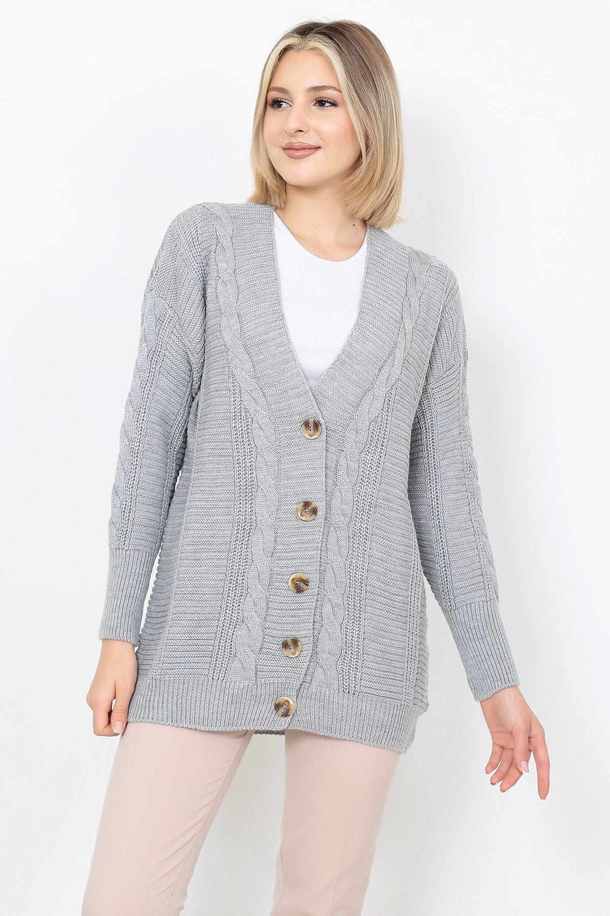 Women's Knitted Cardigan 5 Buttons Knitted Cardigan Stone - Saiyora&Zubaid